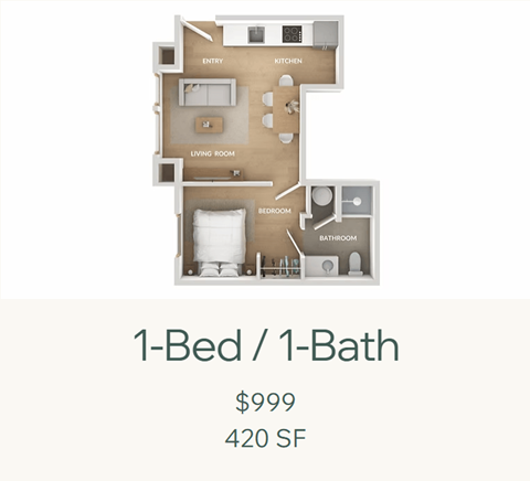 Floor plan for 1 bed, 1 bath, 420 sqft